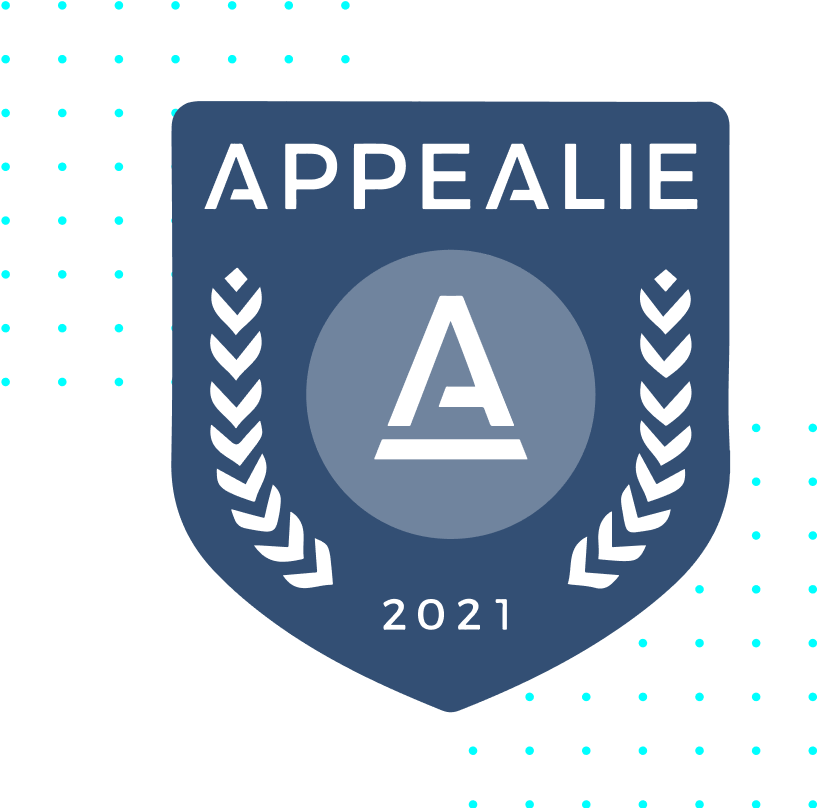 The Appealie Award logo for 2021, with 2 rectangle background shapes made out of light blue dots.