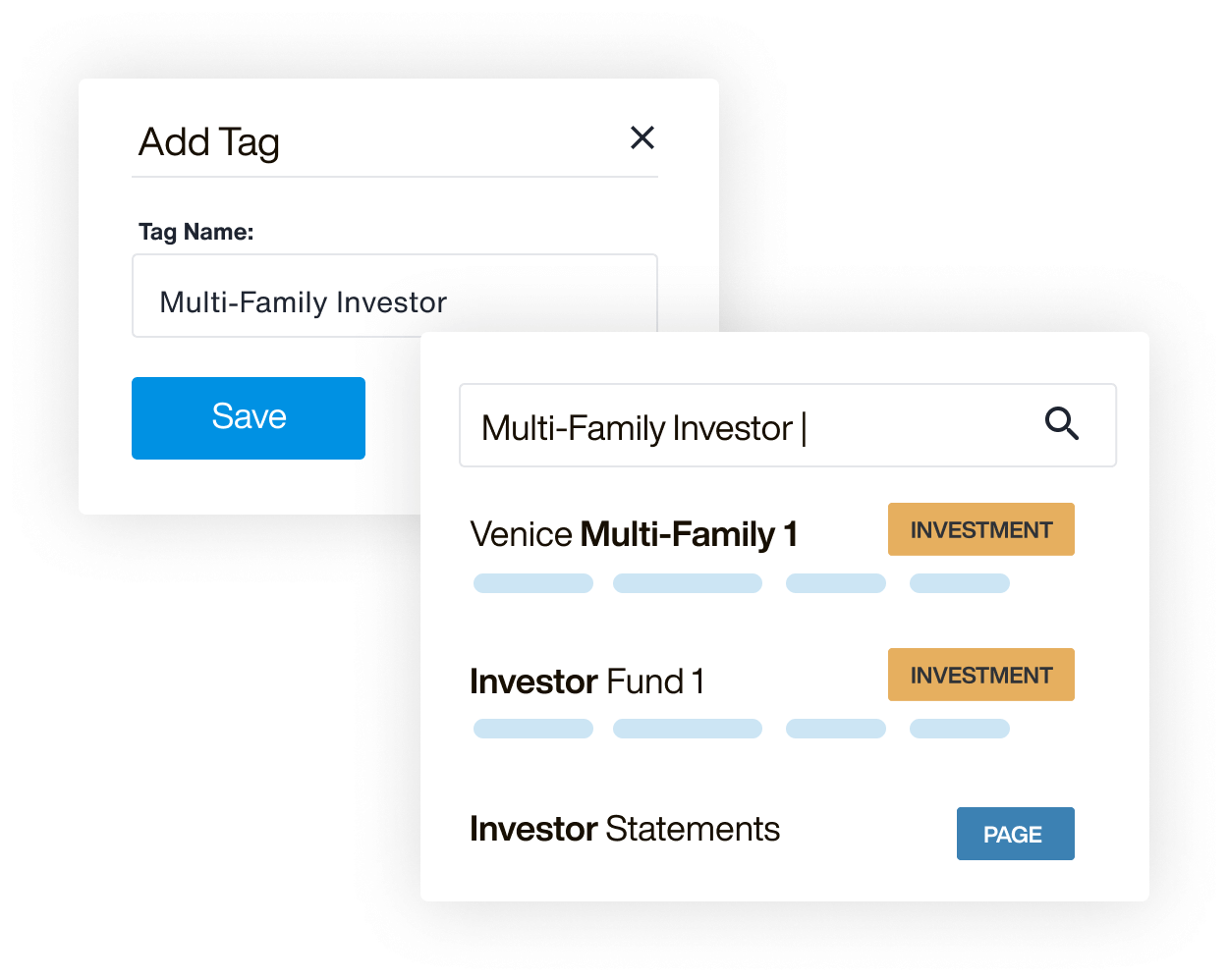 AppFolio Investment Management interface windows of Add Tag and Search for Multi-Family Investor.