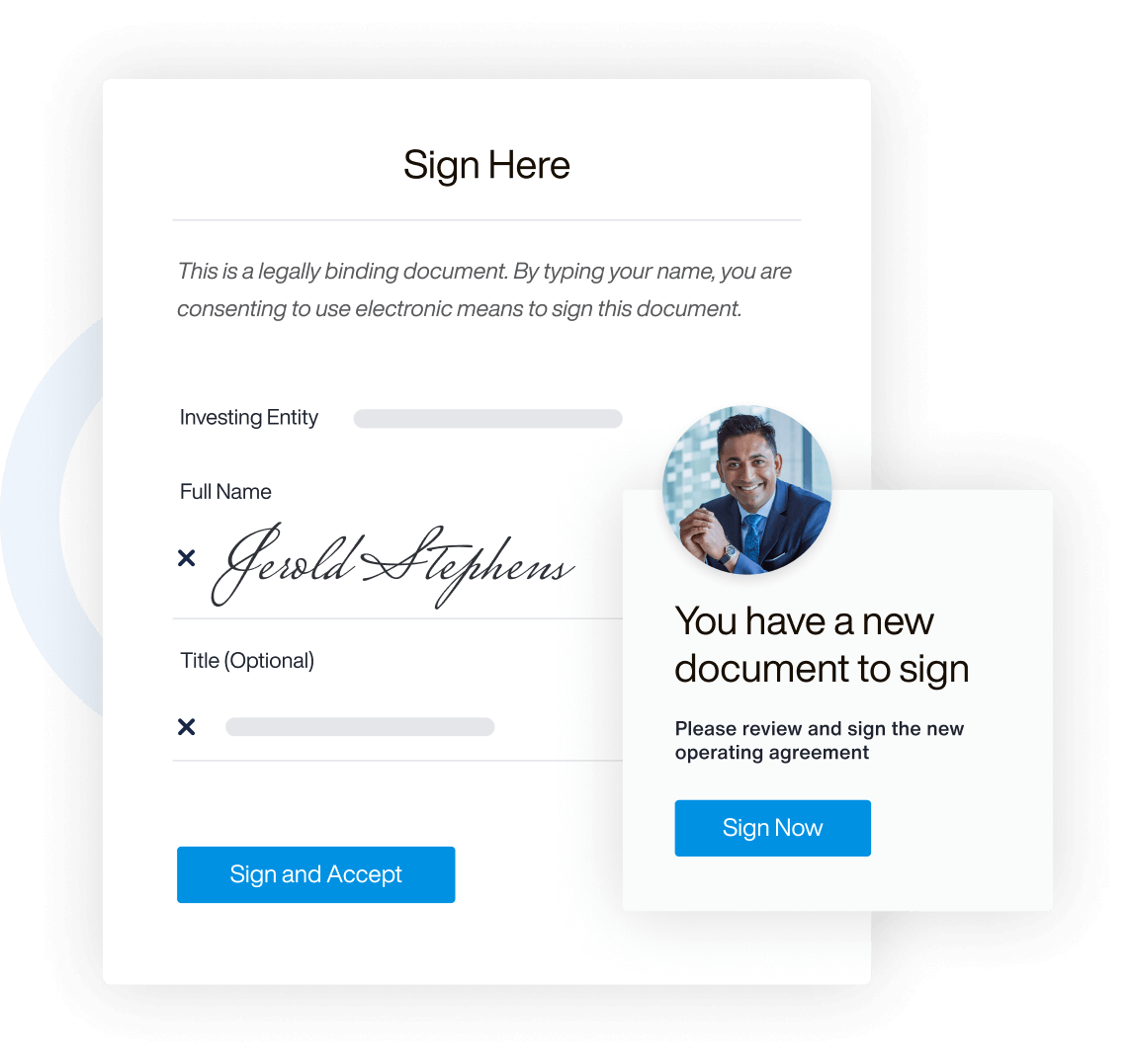 AppFolio Investment Management interface windows of Sign Here and You have a new document to sign, with a circle shaped photo of a man in a suit and a light blue half circle shape in the background.