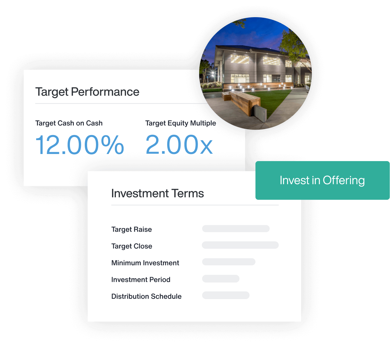 AppFolio Investment Management interface windows of Target Performance and Investment Terms, with a circle shaped residential building photo and a green Invest in Offering button.