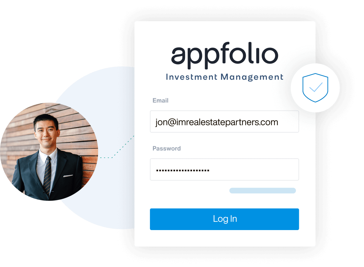 AppFolio Investment Management interface window for logging in, with a circle shaped photo of a man wearing a suit and a circle shaped graphic of a blue shield outline with a check mark, and a partial light blue circle shape in the background.